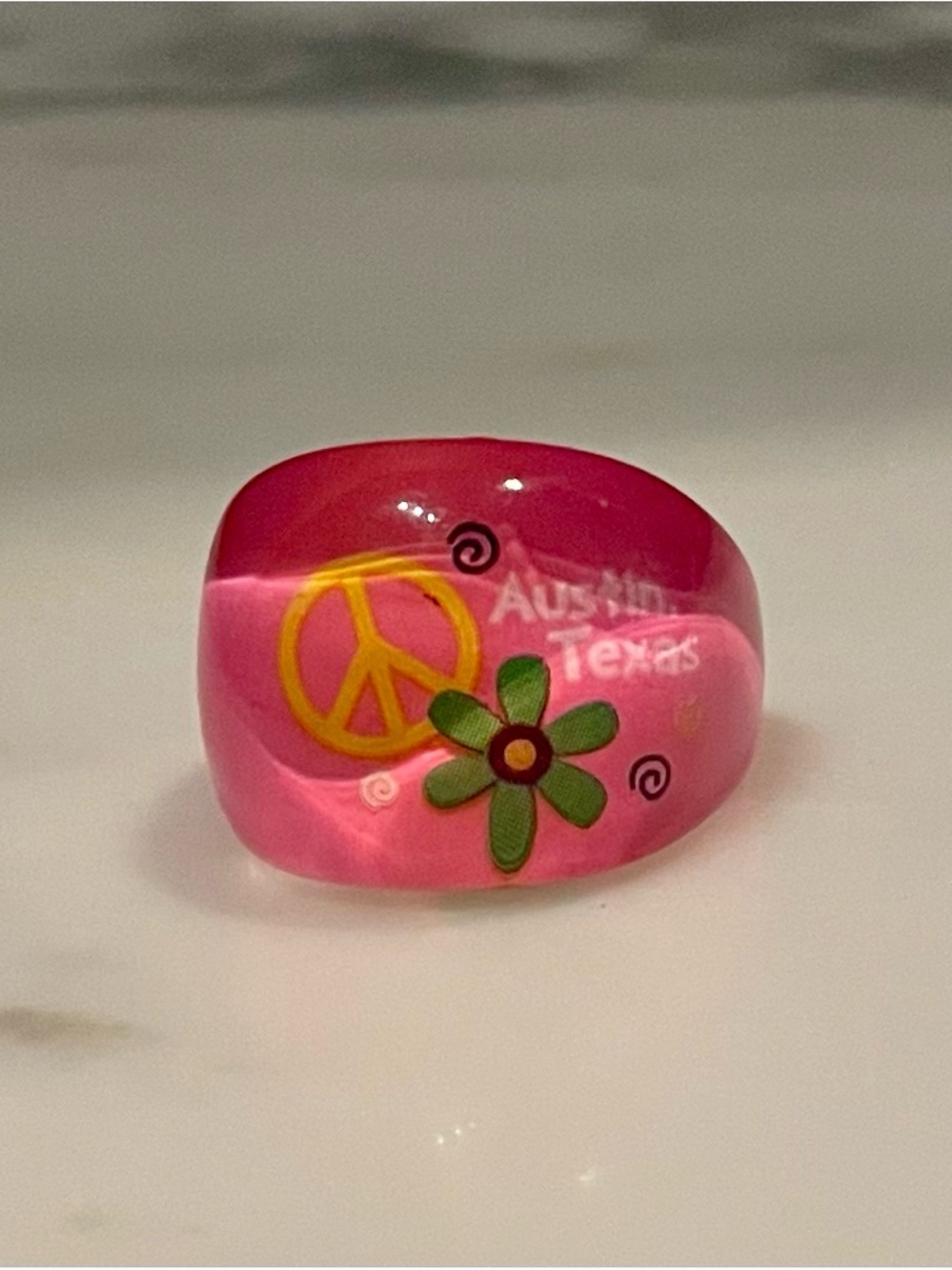 Retro Pink Peace Sign & Flower Ring Austin Texas Souvenir